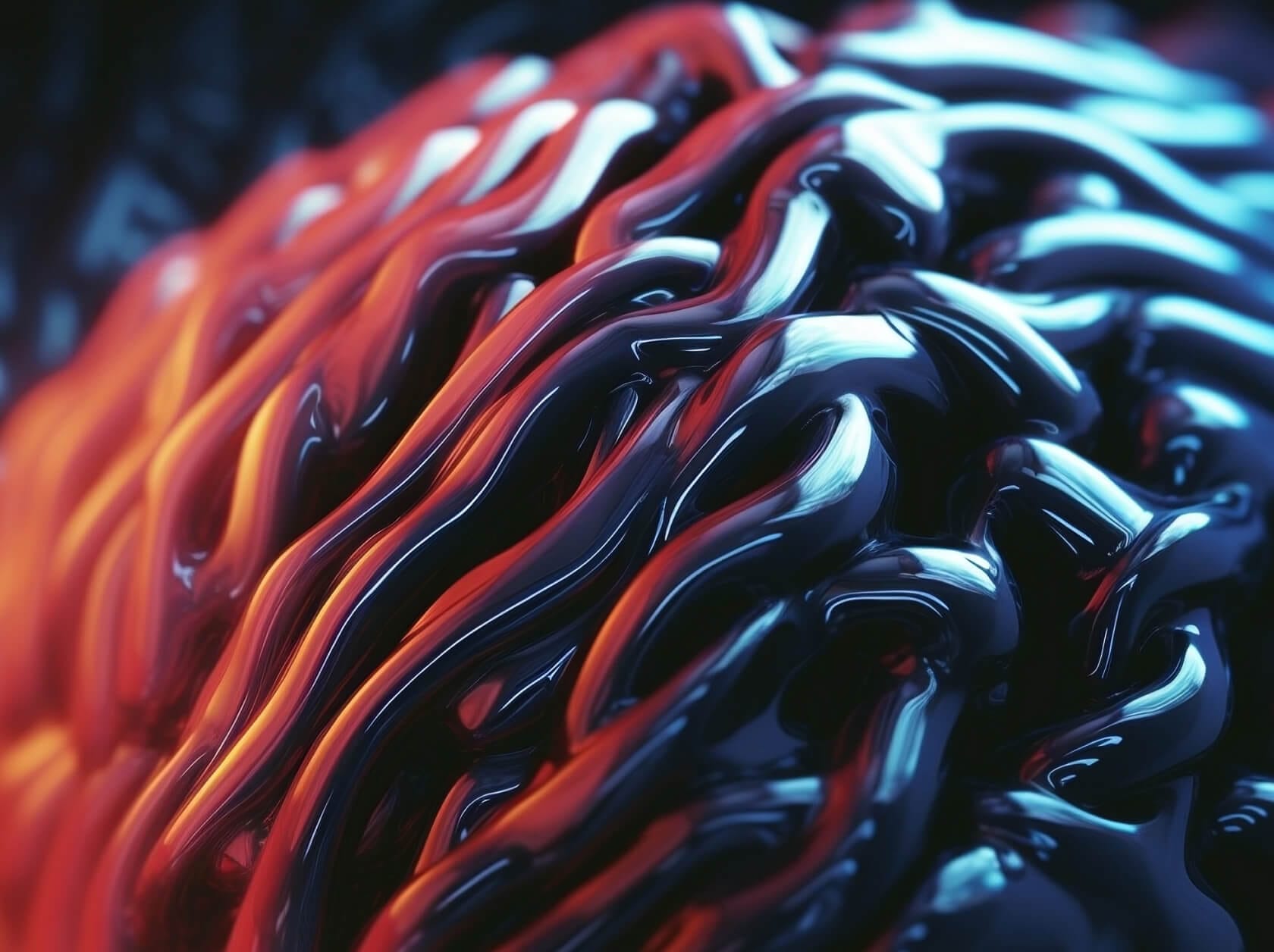 Vibrant abstract art with flowing black, red, and white swirling lines.