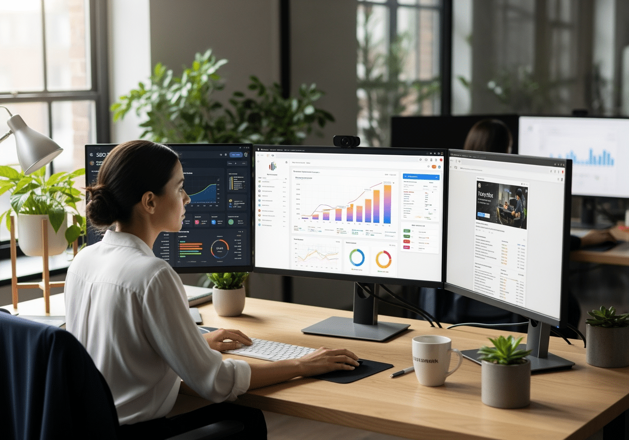 Professional Bulgarian business team collaborating with AI technology in modern Varna office, featuring digital marketing analytics dashboard, SEO performance charts, and AI automation tools, representing AI Marketing BG's expertise in transforming Bulgarian businesses through strategic AI implementation