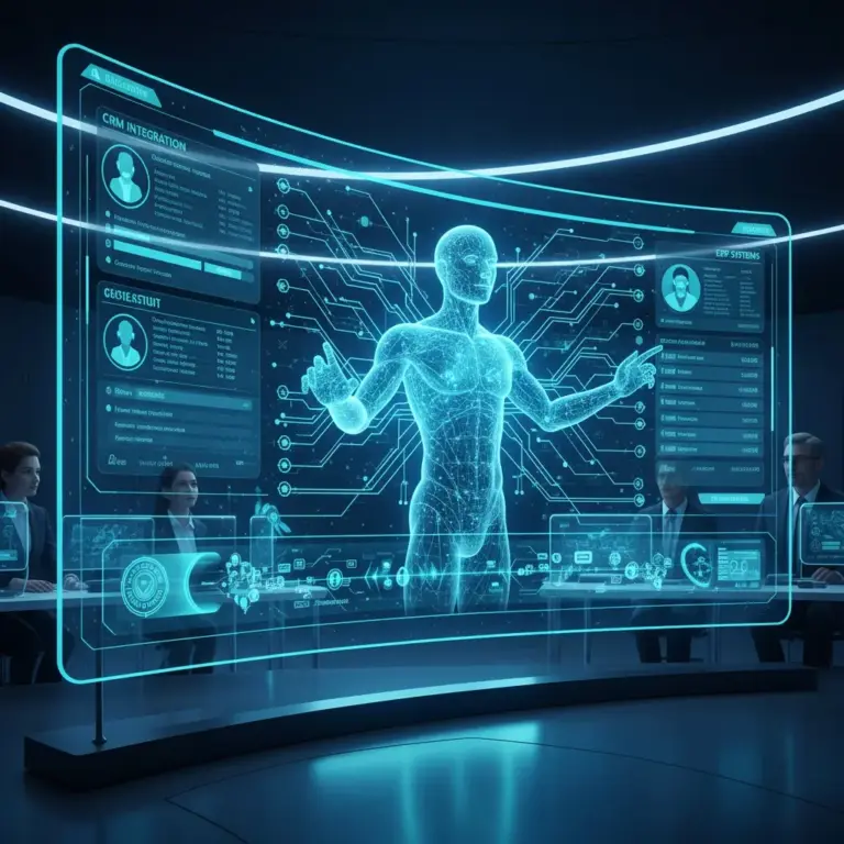 Artificial Intelligence Agents For Business Automation Futuristic Holographic Business Interface Display.